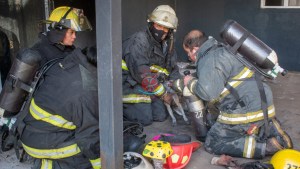 Bomberos de Roca rescataron a un perrito en un incendio tras realizarle maniobras de RCP