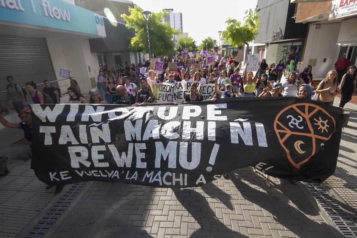 Uno de los temas centrales de la marcha de mujeres fue la causa judicial contra mujeres mapuche en Bariloche y el presunto femicidio de Agostina Jalabert. Foto: Pablo Leguizamon