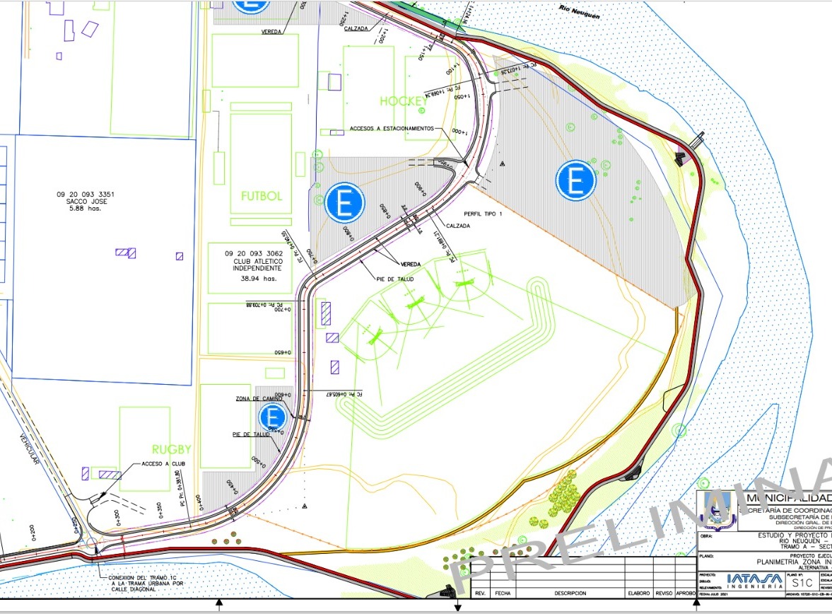 El esquema preliminar muestra cómo se trazó el diagrama del paseo costero sobre el Neuquén, en la zona del club Independiente (del expediente de acuerdo mutuo)