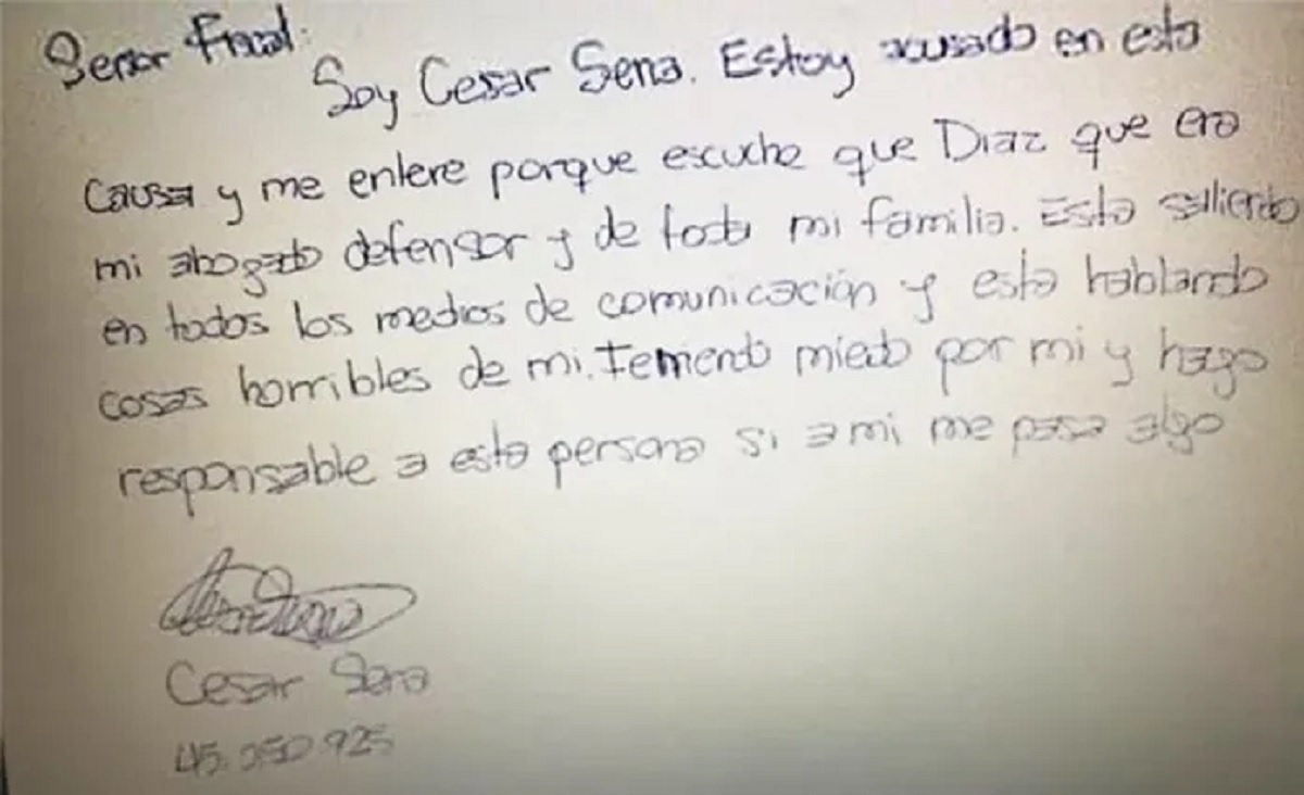 La carta que César Sena le envió al fiscal. 