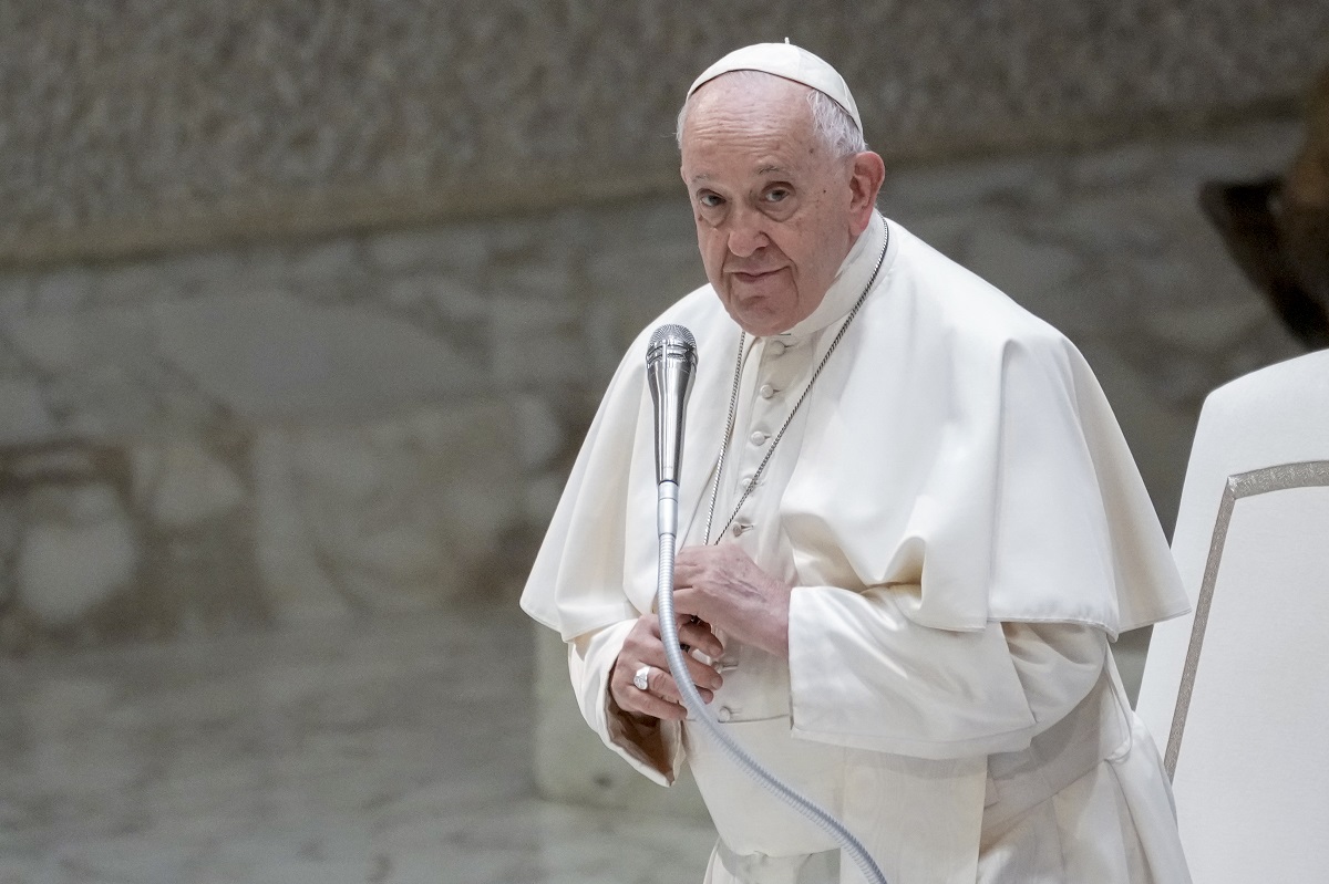 Pope Francis arrives for his weekly general audience in the Pope Paul VI hall at the Vatican, Wednesday, Aug. 30, 2023. (AP Photo/Andrew Medichini)