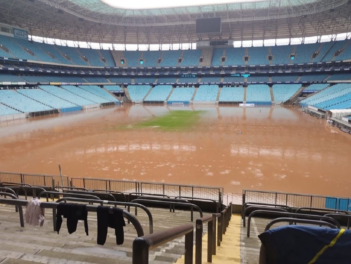 Así se encuentra la cancha de Gremio tras las inundaciones en Brasil.