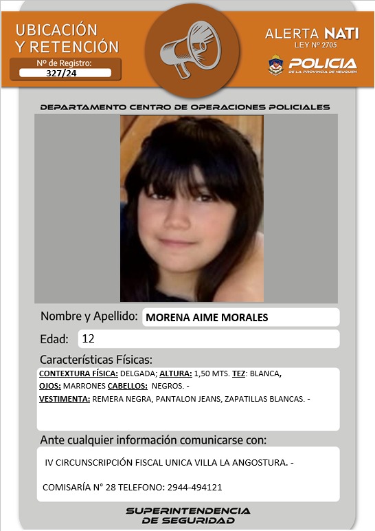 Piden ayuda para encontrar a una nena de 12 años que desapareció en Villa La Angostura