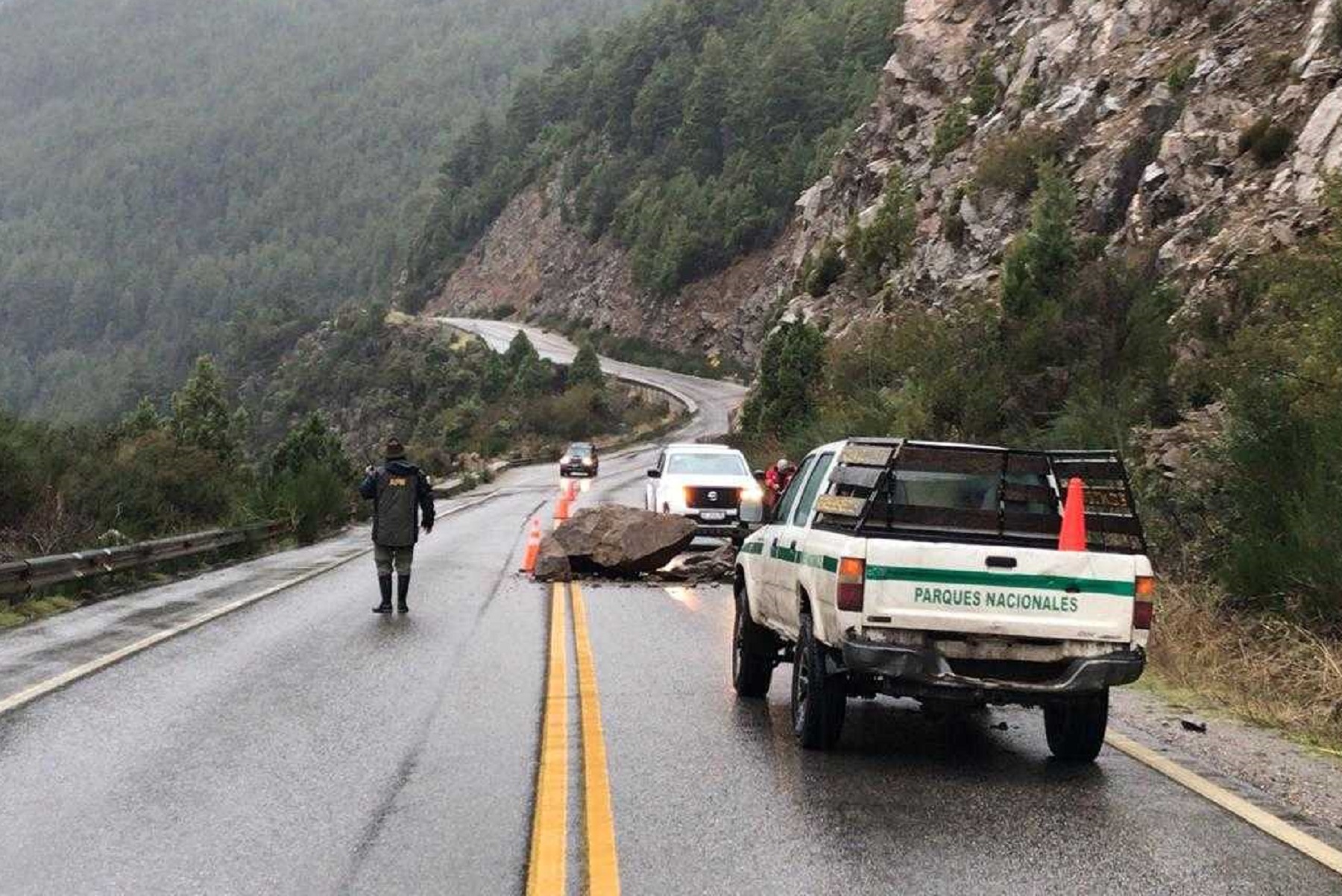 Las grandes piedras interrumpieron un sector de la Ruta 40 en la zona de Siete Lagos. 