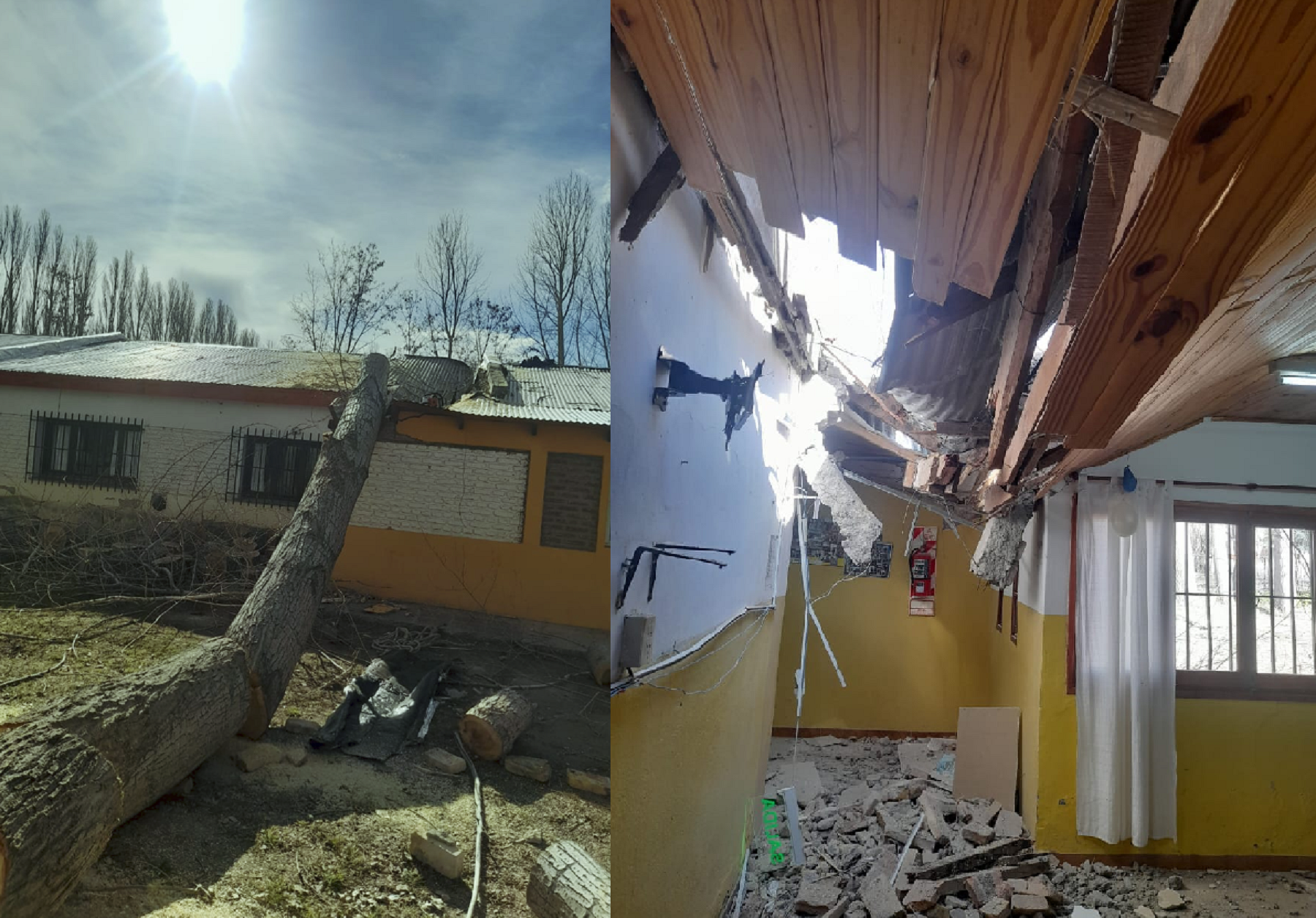 El techo de la escuela quedó destruido por la caída del árbol. Foto: gentileza Aten