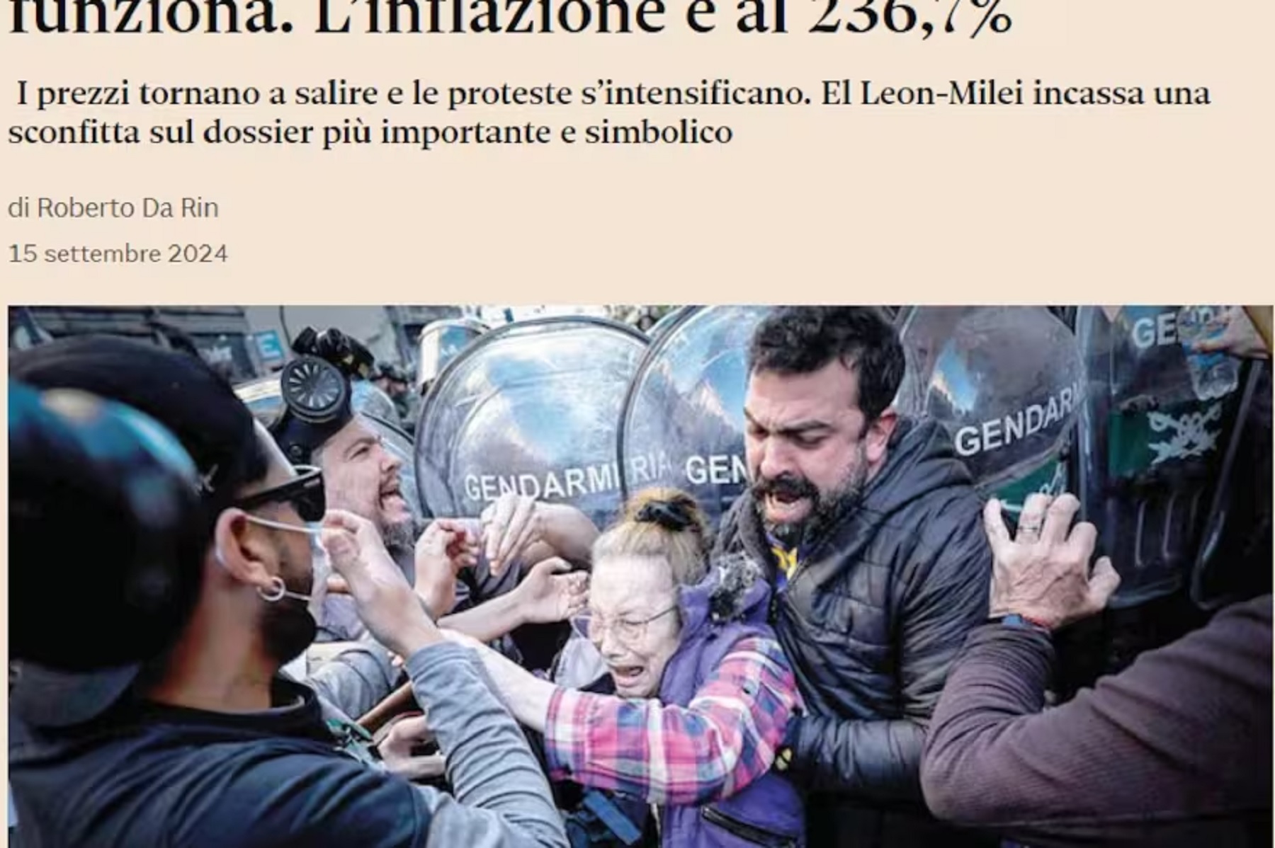 La portada de la nota del diario italiano.