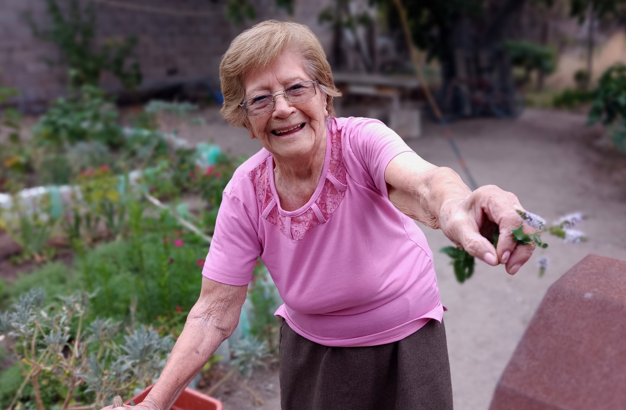 Alegre y entre sus plantas, Luisa Cumio disfruta sus 100 años en Valcheta. Foto: Gentileza. 