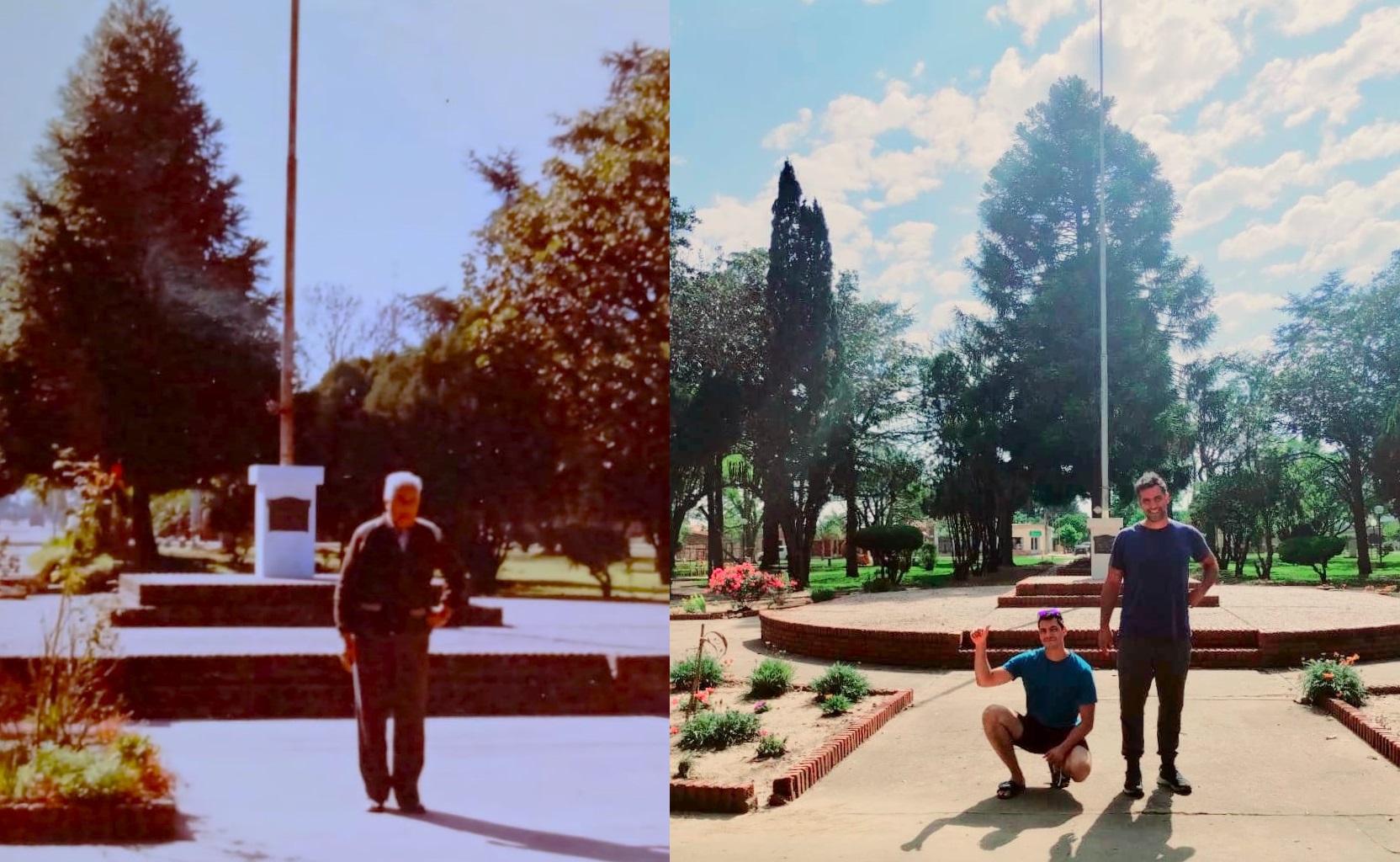 Aniceto, en el año 2000, en la plaza de Gödeken. A la izquierda, Lisandro y Leo en este viaje soñado. Foto: Gentileza.