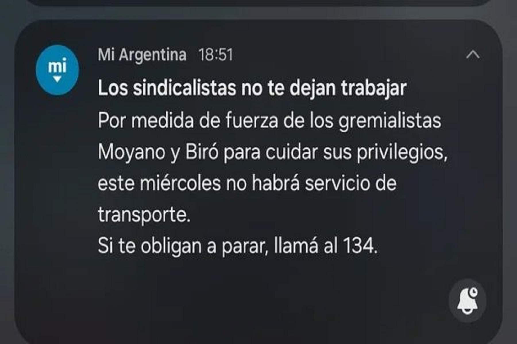 El mensaje del Gobierno en contra del paro nacional de transporte a través de la app Mi Argentina.
Foto: gentileza NA.