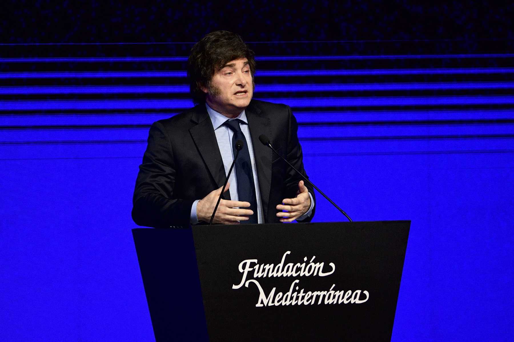 Javier Milei durante su intervención en el 47° aniversario de la Fundación Mediterránea en Córdoba. Foto Gentileza La Voz del Interior.