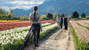 Naturaleza y moda al pie de las montañas: el campo de tulipanes de Trevelin fue escenario de un desfile imponente