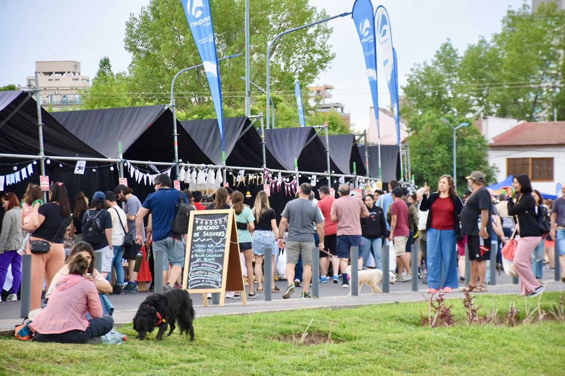 La feria Neuquén Emprende debió suspenderse por el fuerte viento de este domingo. Foto Matías Subat.