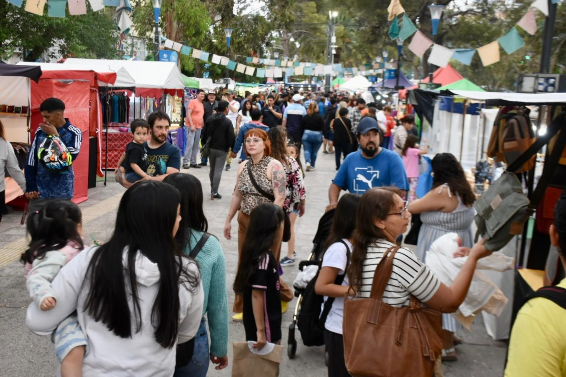 A pesar del viento, la Feria de Artesanos en Neuquén recibe a visitantes con propuestas culturales y artísticas. Foto Matías Subat.