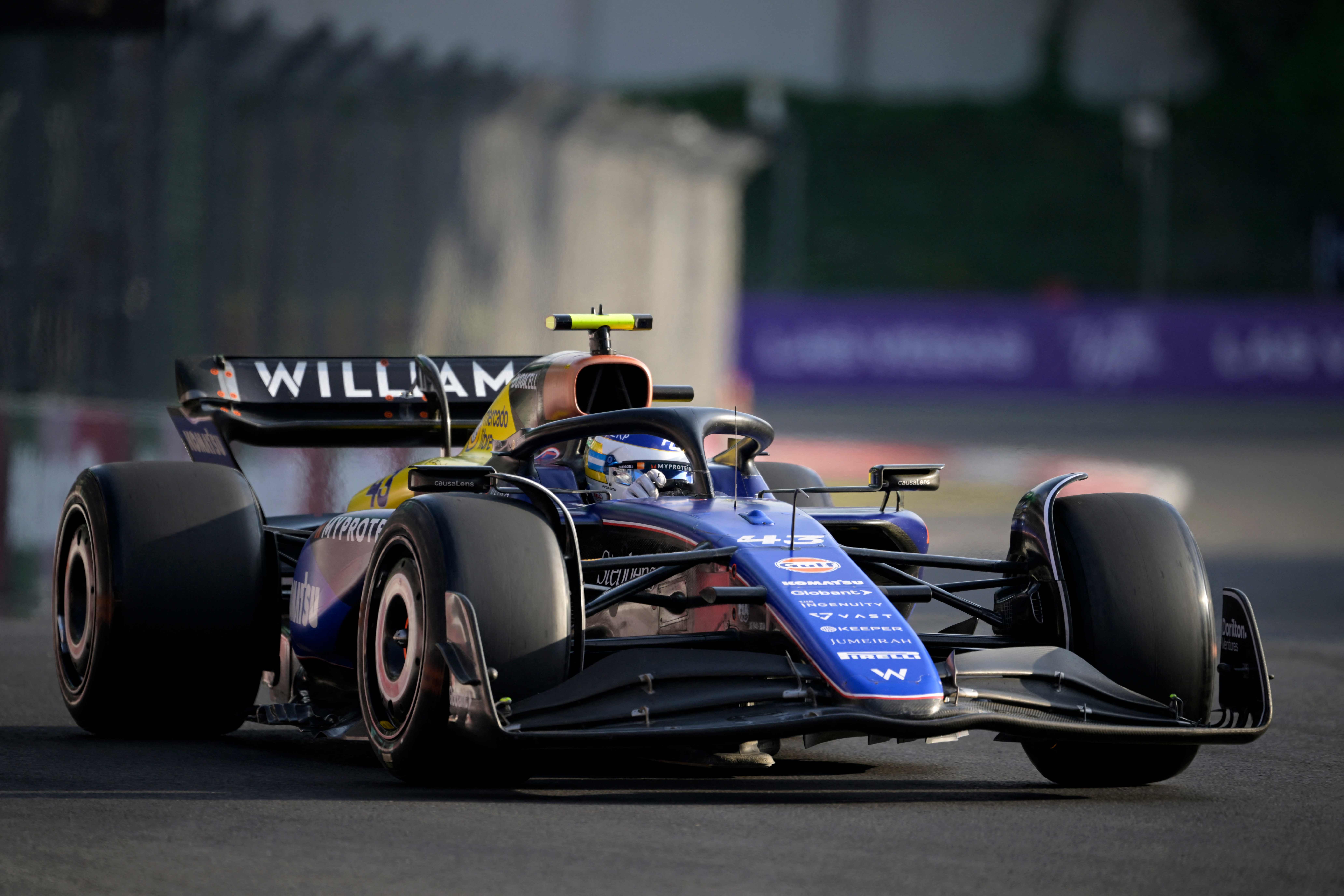 Williams' Argentine driver Franco Colapinto races during the second practice session of the Formula One Mexico City Grand Prix at the Hermanos Rodriguez racetrack, in Mexico City on October 25, 2024. (Photo by Alfredo ESTRELLA / AFP)