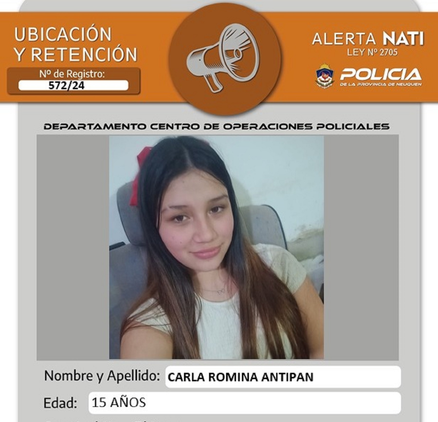 Adolescente desaparecida. Cerdito: Policía de Neuquén. 