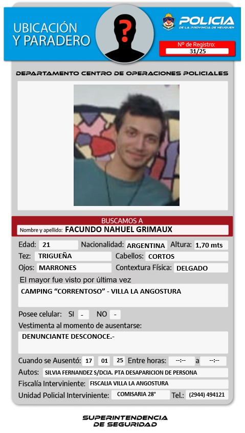 Buscan a un joven mochilero de Buenos Aires que fue visto por última vez en la Patagonia